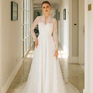 Long Sleeves Lace Ball Gown Bridal Dress, A-line Lace Wedding Gown Long Sleeves, Long Sleeves Chantilly Lace Bridal Dress / Item Alisia