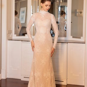 French Lace Wedding Dress, Long Sleeves Lace Bridal Dress, Lace Wedding Gown Long Sleeves, Chantilly Lace Bridal Dress / Item Oksana