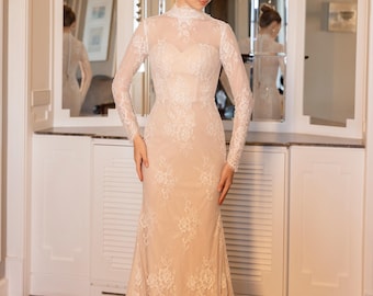 chinese dress ladies Chantilly lace a-line gown in Ivory French Lilac