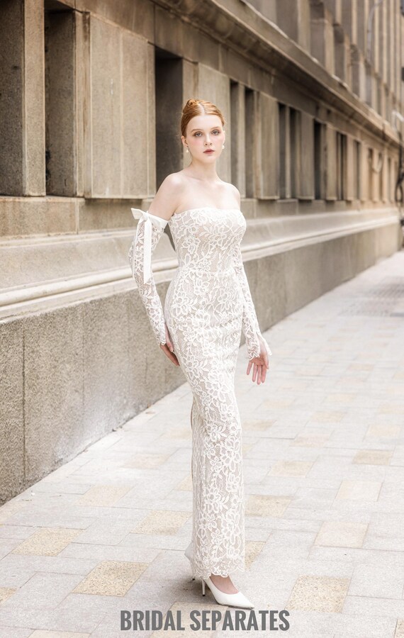 Strapless Lace Wedding Dress, Minimalist Lace Wedding Gown, Reception Bridal Dress, Sheath Wedding Dress with Detachable Sleeves / Lyly