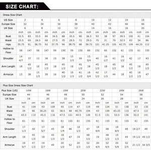 May include: Size chart for a dress with measurements in inches and centimeters. The chart includes bust, waist, hips, hollow to floor, shoulder, arm length, and armscye measurements for sizes 2 to 20 and 14W to 26W.