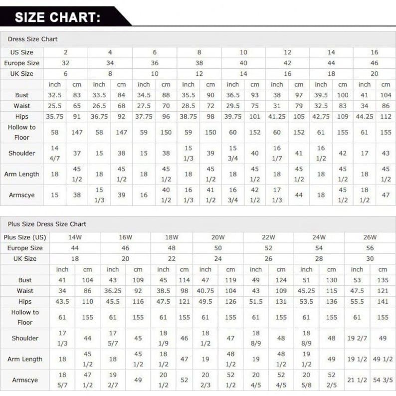 May include: Size chart for a dress with measurements in inches and centimeters. The chart includes bust, waist, hips, hollow to floor, shoulder, arm length, and armscye measurements for sizes 2 to 20 and 14W to 26W.