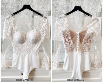 Lace Bridal Bodysuit, Long Sleeve Bridal Bodysuit, Wedding Separates Bodysuit, Lace Wedding Bodysuit, Lace White Bodysuit / "Bodysuit 39"