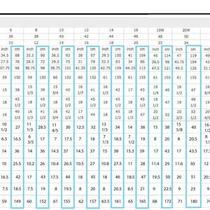May include: Size chart for clothing with measurements in inches and centimeters. The chart includes bust, waist, hips, shoulder to floor, shoulder, arm length, armholes, upper arm, wrist, neck, shoulder to bust, shoulder to waist, bust point to bust point, and girth.