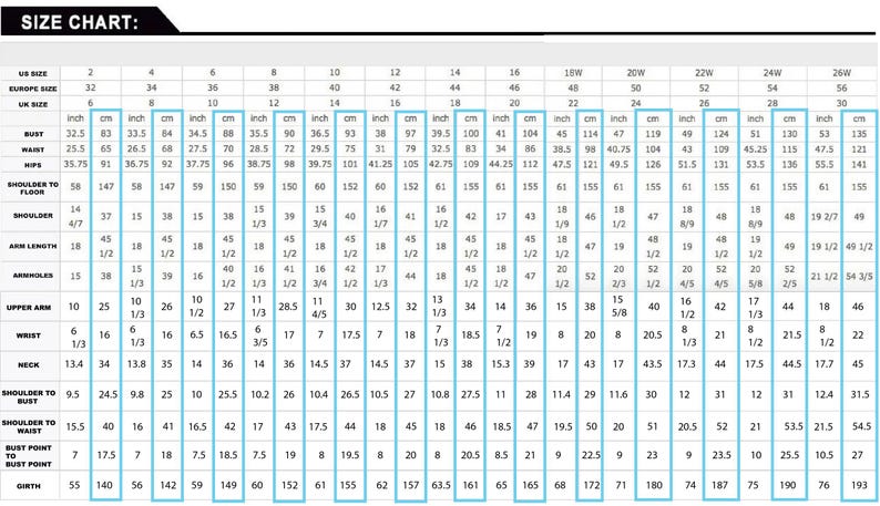 May include: Size chart for clothing with measurements in inches and centimeters. The chart includes bust, waist, hips, shoulder to floor, shoulder, arm length, armholes, upper arm, wrist, neck, shoulder to bust, shoulder to waist, bust point to bust point, and girth.