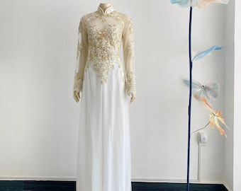 Gold Vietnamese Bridal Ao Dai, Wedding Ao Dai with Gold Lace, Traditional Vietnamese Bridal Dress, White Ao Dai with Gold Lace / AoDai 16