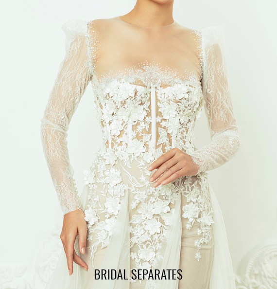 fitted lace wedding dress Fiona Adorable 3D Lace Bridal Tops with Long Bubble Sleeves