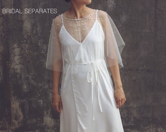 SALE/ Bridal Capelet, Wedding Dress Capelet, Pearl Bridal Cape, Tulle Bridal Cape, Tulle Wedding Cape, Bridal Cover Up / "Cape 119"