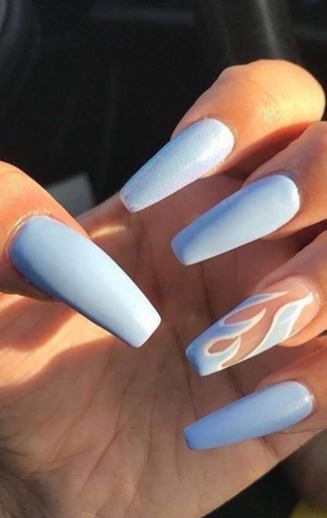 Baby Blue Flame Nails / Press on Nails / Coffin Blue Nails / Etsy