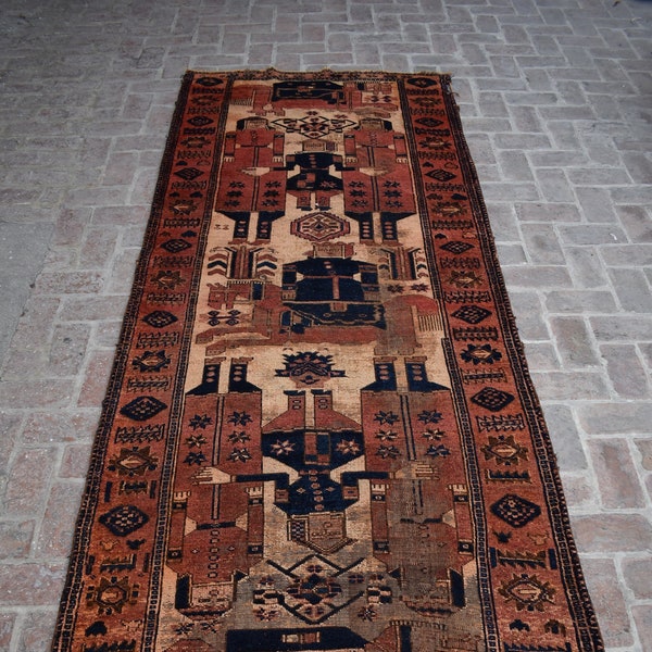 Size; 4.4 x 11.6 feet, pictorial rug, any room décor runner rug, tribal rug, antique gorgeous handmade Afghan rug.