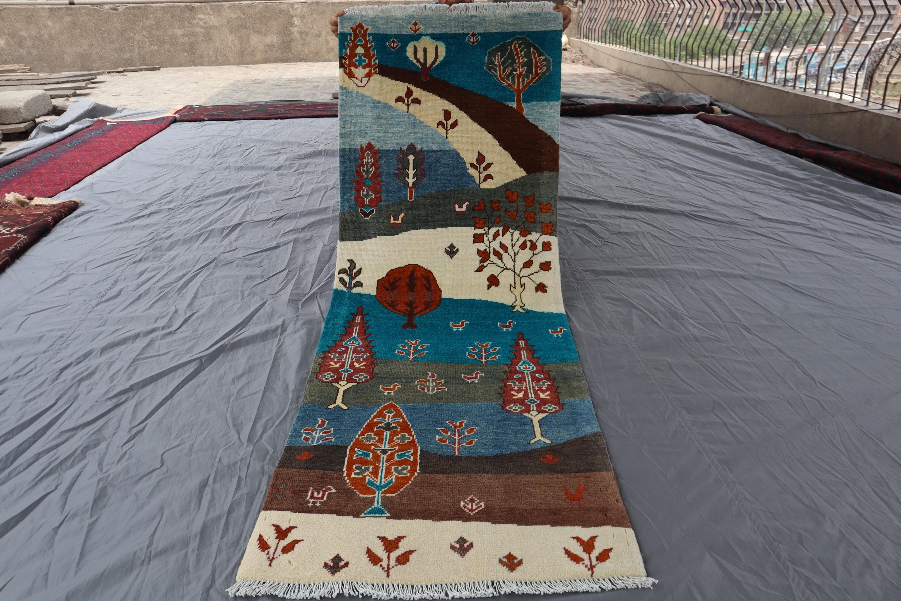 2x5 Afghan Gabbeh Runner Rug - Hand-knotted Wool Nature Scene