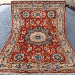 3x4 Antique Style Afghan Area Rug -Traditional Hand-Knotted Wool Rug - Red Geometric Medallion Design-Caucasian Kazak Inspired Tribal Carpet