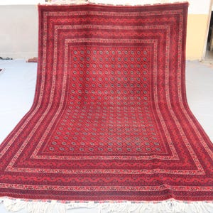 6&#39;7&quot;x9&#39;10&quot; Antique Afghan Bokhara Area Rug - Traditional Oriental Design - Red Wool Carpet - Vintage Handmade Turkmen Style Rug.