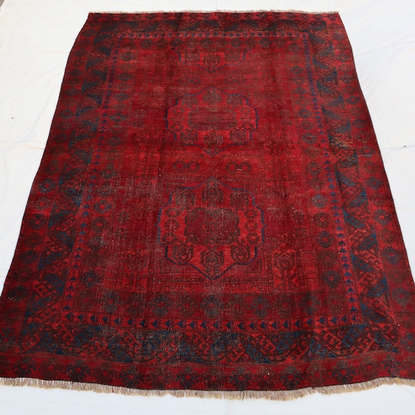 6.6 x 9 feet. Afghan hand-knotted vintage rug, available in a variety of colors. Turkoman Sarouk design area rug.