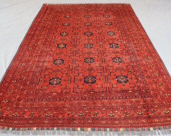 6'8"x9'4" Vintage Afghan Ersari Rug – Red Navy Blue Geometric Gul Design – Handwoven Wool Carpet – Tribal Oriental Room Décor.