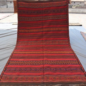 5x9 Afghan Baluchi Vintage Kilim Rug - Red Tribal Striped Flatweave - Large Wool Nomadic Carpet - Traditional Floor Decor.