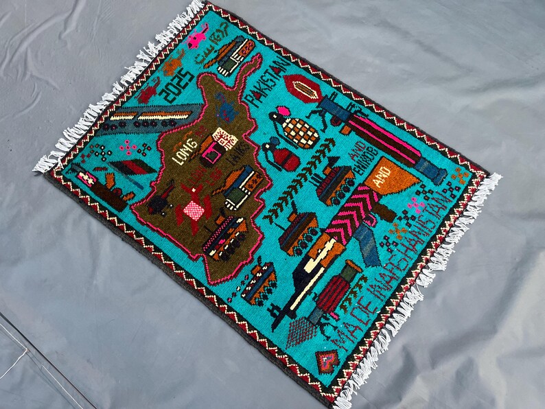 2.1 X 2.8 Feet. Striking Afghan War Rug Map Design Turquoise Military ...