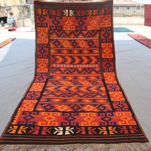 8 x 12'2" Vintage Afghan Kilim Rug – Tribal Diamond Lattice Pattern –Handwoven Wool Flatweave –Brown, Orange & Blue-Woven From Natural Wool