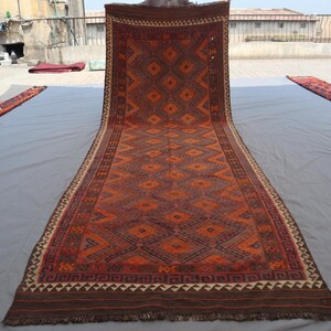 4'7" x 13'3" Vintage Afghan Tribal Kilim Runner – Geometric Diamond Pattern – Rustic Bohemian Wool Hallway Rug – Handwoven Flatweave.