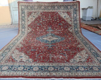 Alfombra afgana vintage con medallón floral de 8'3" x 11'4" - Alfombra de lana roja y azul - Diseño oriental tradicional - Alfombra del tamaño de una habitación hecha a mano.