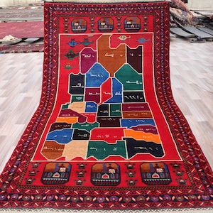 Uniek vloerkleed met kaart van Afghanistan: 3,7 x 6,7 voet / handgeweven oosters designtapijt / picturaal tribal zeldzame kunsttapijt / Afghaans traditioneel vloerkleed