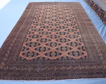 6x9 Vintage Afghan Bokhara Rug – Camel Brown Field – Black & Beige Gul Motifs – Tribal Wool Handmade Carpet - Handmade Tribal Wool Rug