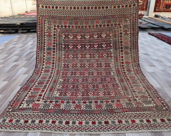 4'2"x5'10" Vintage Afghan Soumak Kilim Rug – Red and Blue Floral Geometric Flatweave – Tribal Wool Carpet – Boho Oriental Décor.