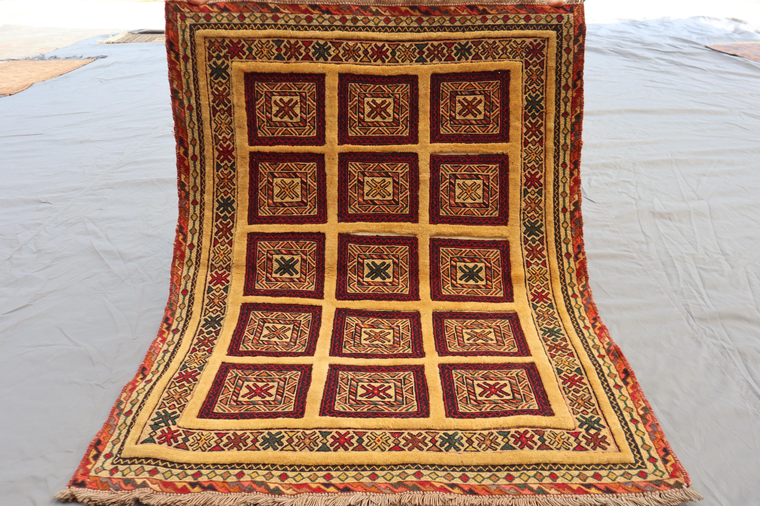 2x3 Vintage Tribal Afghan Area Rug - Handwoven Wool Grid Pattern Carpet ...