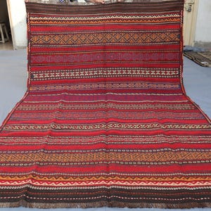 6" x 8'10" Vintage Afghan Tribal Kilim Rug - Red Wool Flatweave Runner - 1990s Handwoven Striped Geometric Rug - Boho Ethnic Decor.