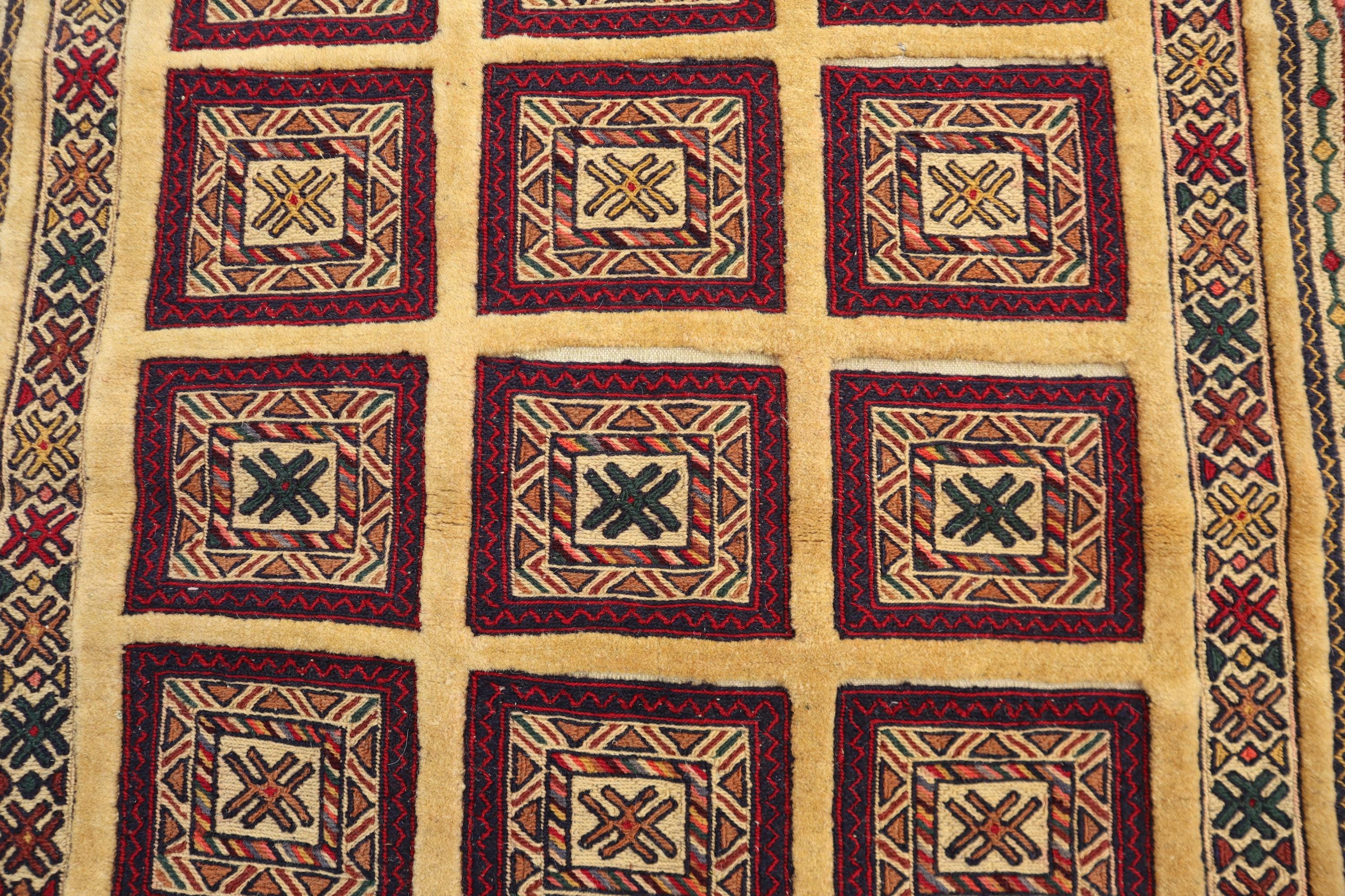 2x3 Vintage Tribal Afghan Area Rug - Handwoven Wool Grid Pattern Carpet ...
