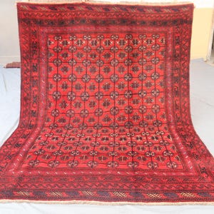 5&#39;11&quot;x7&#39;9&quot;Vintage Afghan Ersari Rug-Red Wool Carpet-Tribal Geometric Gul Pattern-Hand-Knotted Oriental Floor Rug-Collectible Afghan Area Rug