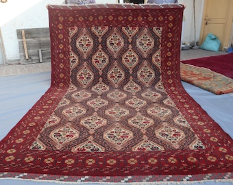 6'5" x 9'10" Vintage Afghan Ersari Rug - Tribal Medallion Design - Red, Ivory & Navy Wool Carpet - Hand-Knotted Oriental Floor Rug.