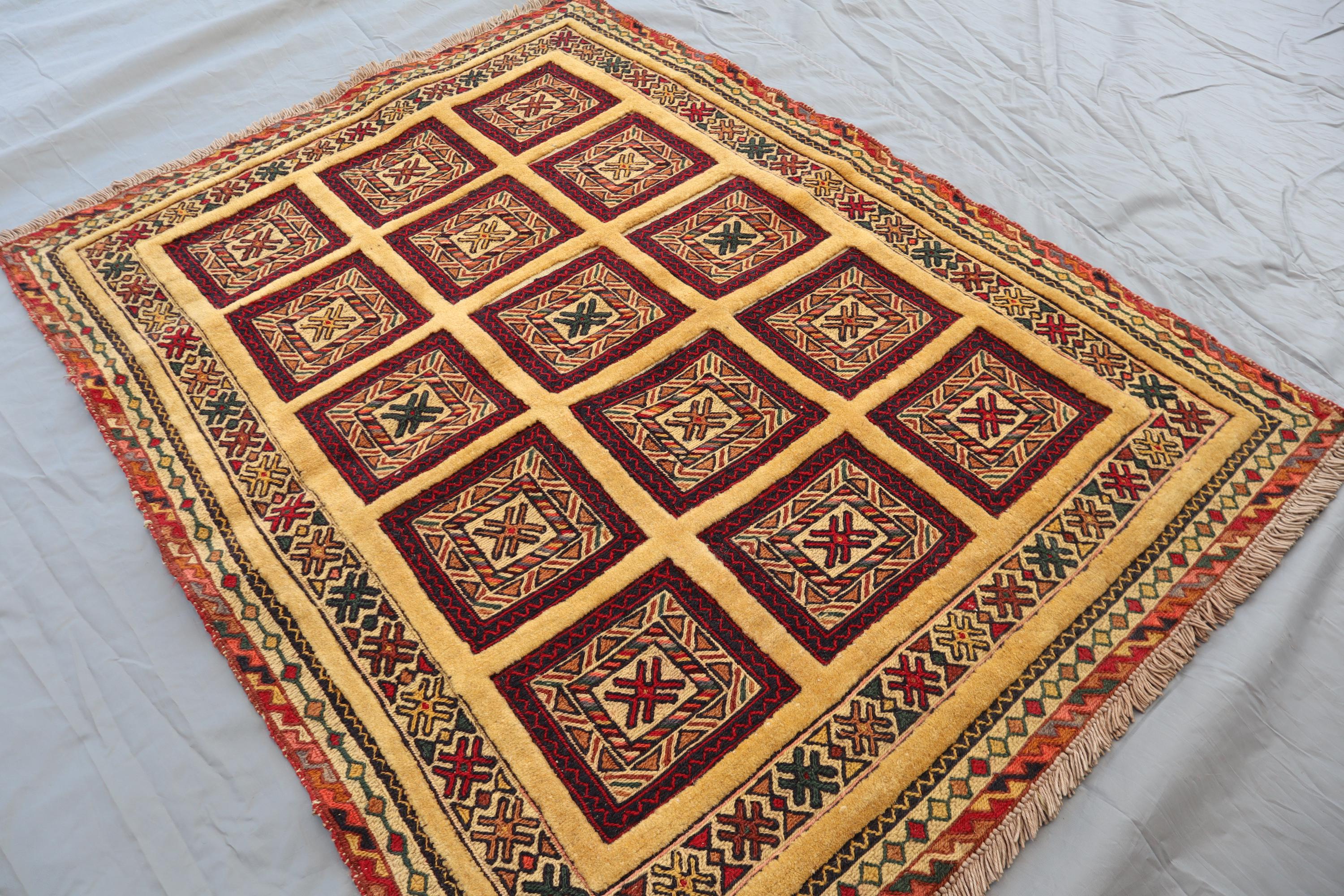 2x3 Vintage Tribal Afghan Area Rug - Handwoven Wool Grid Pattern Carpet ...