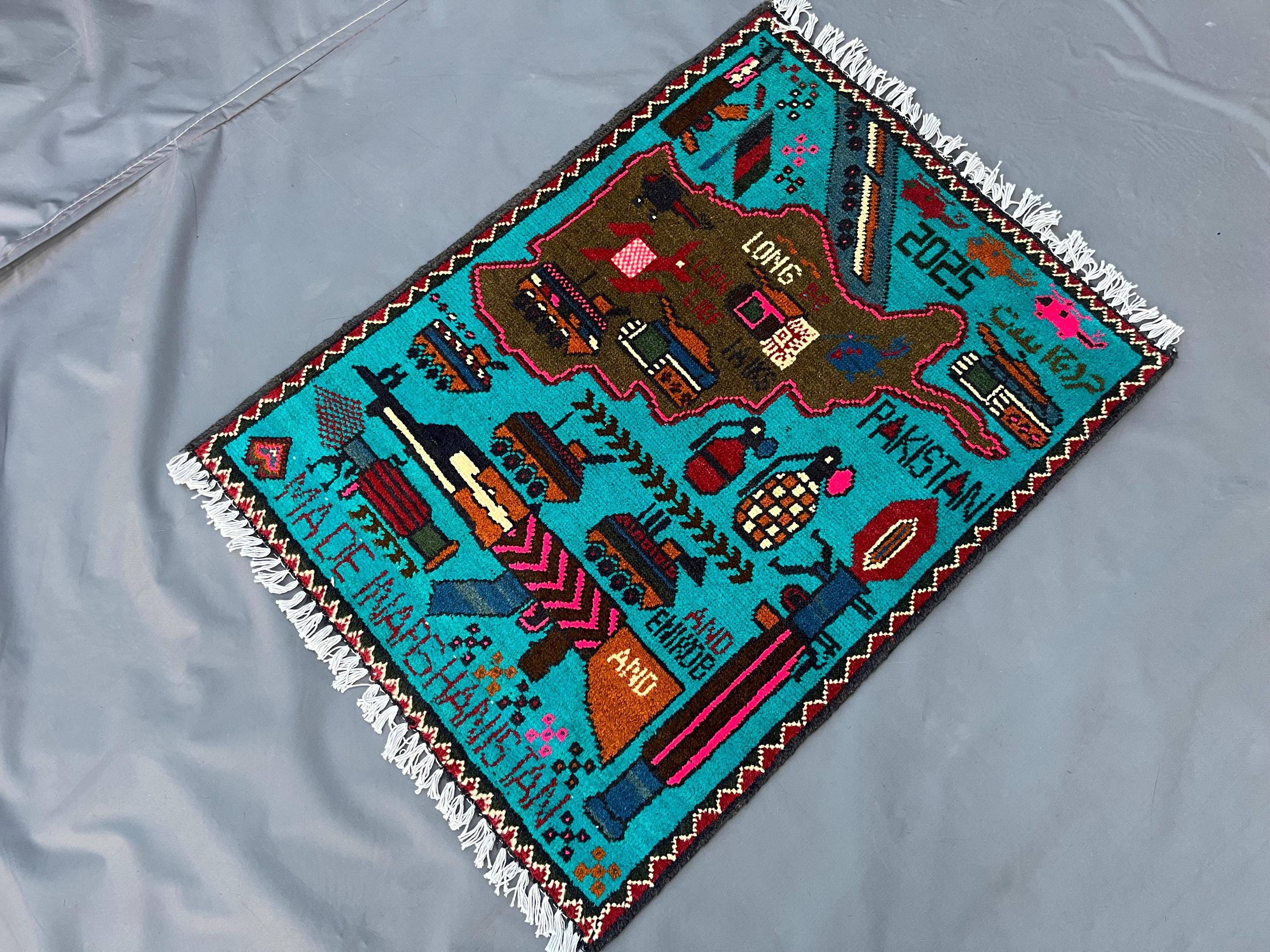 2.1 X 2.8 Feet. Striking Afghan War Rug Map Design Turquoise Military ...