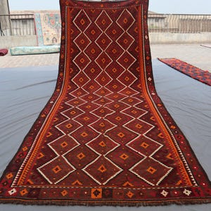 4'11" x 12'8" Vintage Afghan Kilim Runner – Lattice Diamond Tribal Design – Red, Orange & Brown Wool Flatweave – Bohemian Hallway Rug.