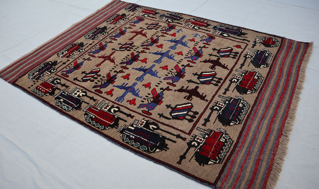 AUTH: Aerial Weapons Pictorial Hand Made Art Room Rug. 4.4 X 5.6 Feet ...