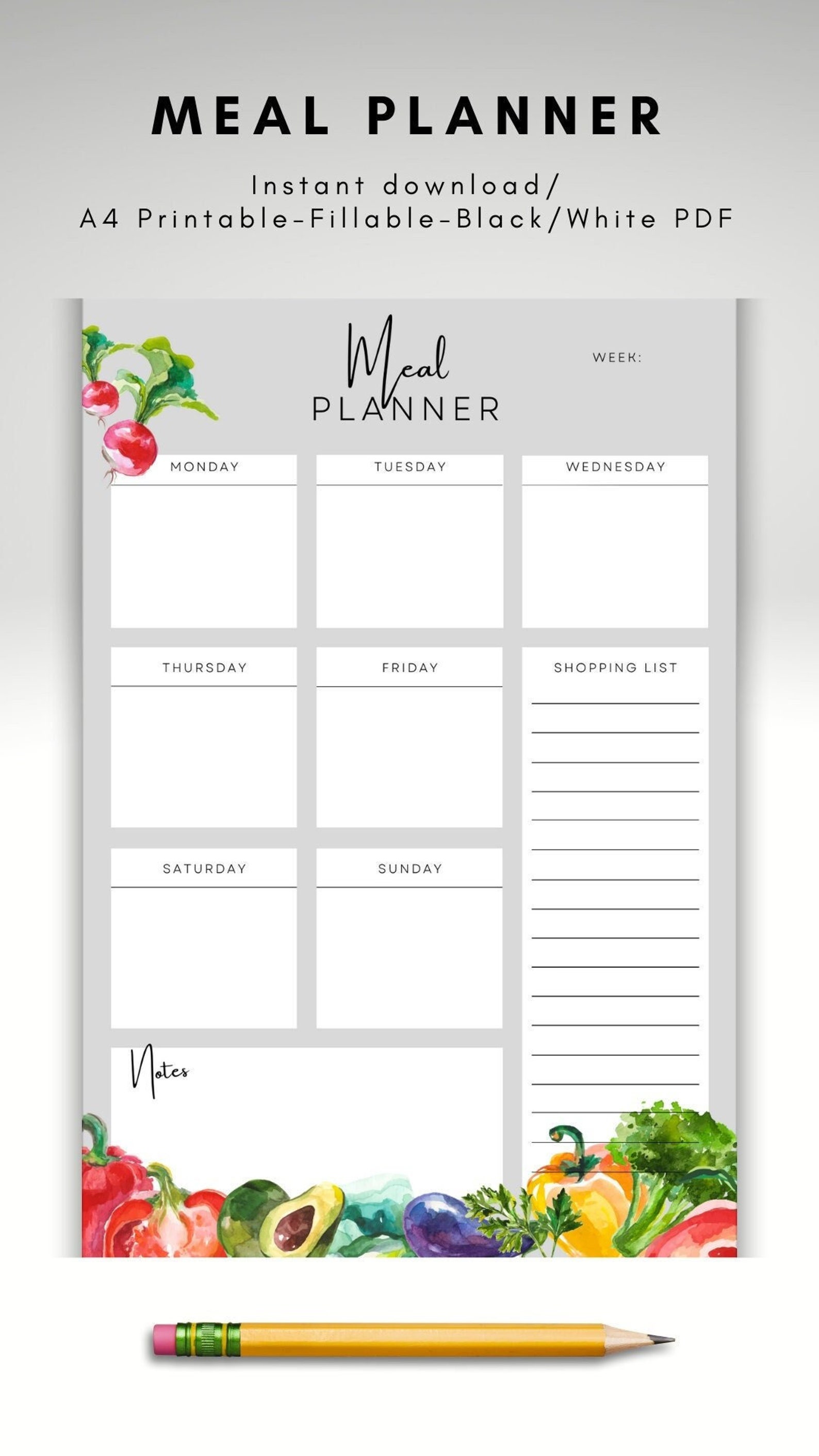 Weekly Meal Planner Printable, Meal Planner Fillable, Instant Download