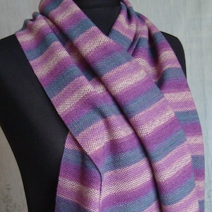 Handwoven Striped Wool Scarf – Lilac & Emerald Green Soft Shawl with Fringe • Cozy Gift for Her