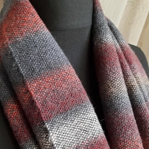 Handwoven Merino Wool Scarf • Red & Grey Striped Wrap with Fringe • Soft and Warm Shawl for Women • Cozy Gift for Her • Winter Accessory