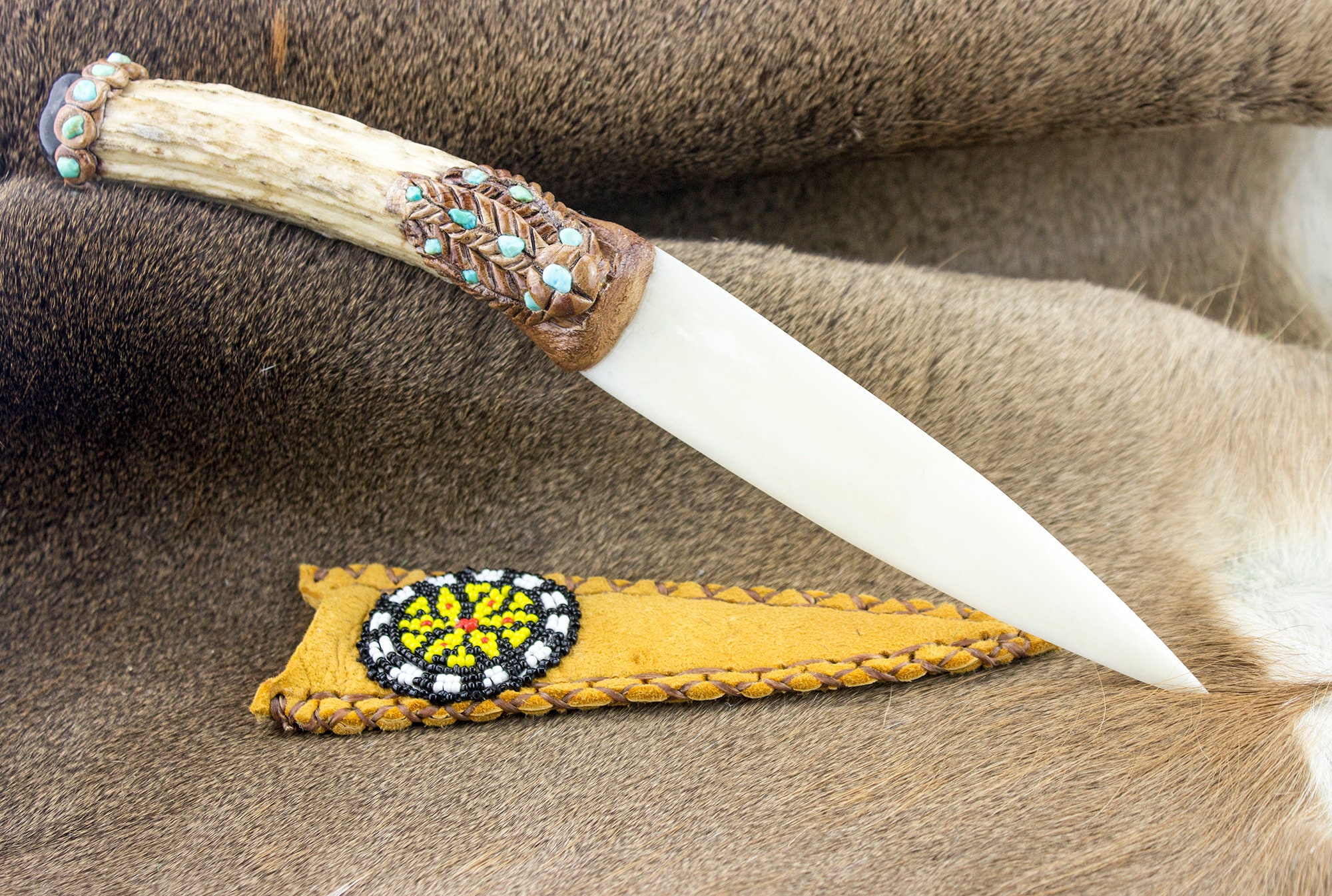 Bone Knife - Handmade Native American Deer Antler Bone Knife With