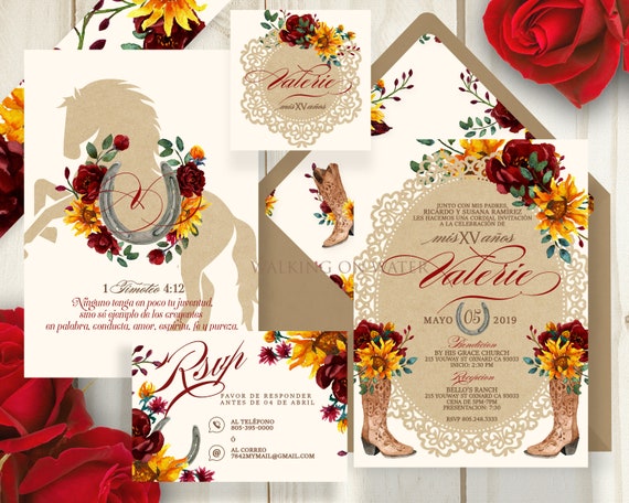 Western Invitation Red Peonies Sunflowers Quince Invite Etsy