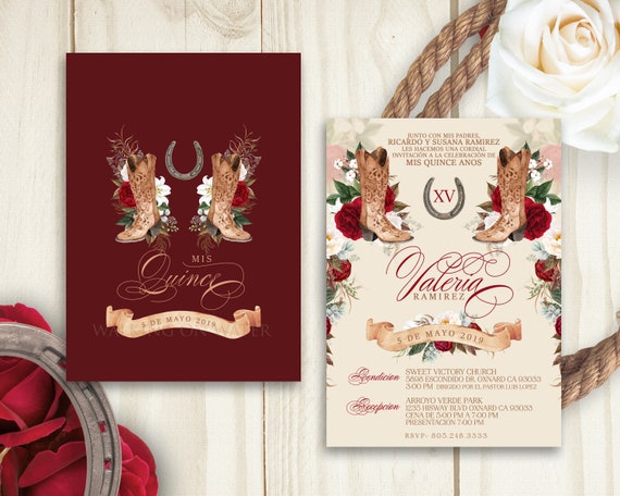 Western Invitation Burgundy Roses Quince Invite Quinceanera Etsy