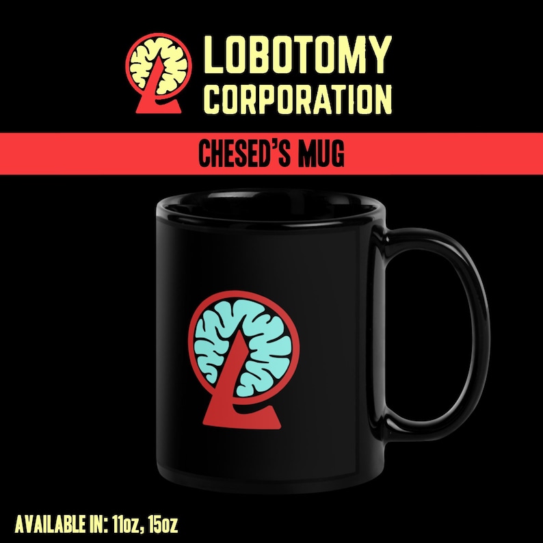 May include: Black ceramic mug with a red and light blue graphic design. The design features a brain-like shape inside a circle, with a red 'L' shape below. The text "CHESED'S MUG" is above the mug.