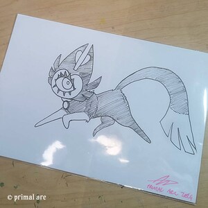 May include: Black and white line drawing of a cat with one large eye and a heart on its head. The cat is running with its tail behind it. The drawing is signed "Primal Arc 2016".