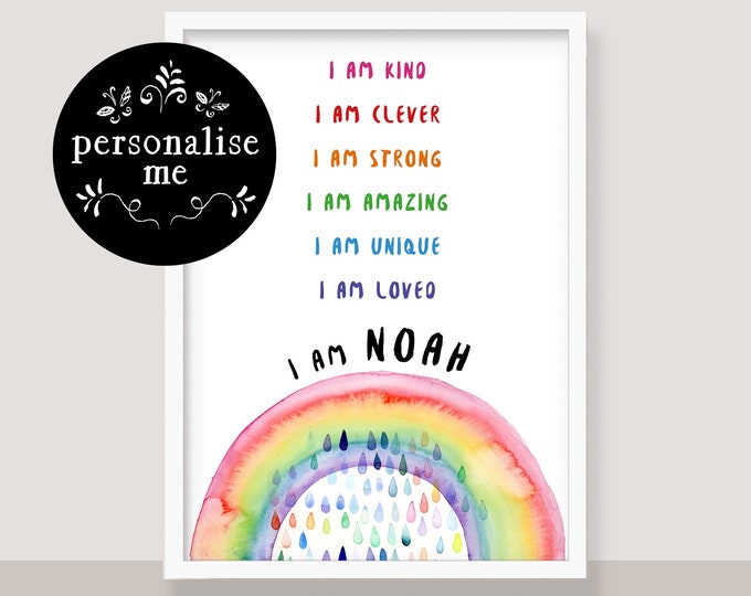 Positive Affirmation for Kids, Rainbow Nursery Wall Print, Personalised Gift, Gender Neutral, Watercolour Kids Room, Colourful Poster