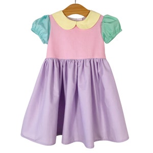 Multicoloured party dress with puff ball sleeves and Peter Pan collar