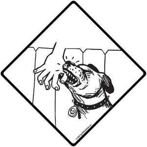 Dog Biting Hand Over the Fence Aluminum Dog Sign or Vinyl Sticker