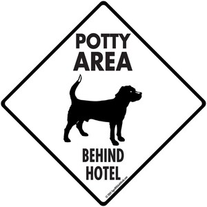 Potty Area Sign - Dog Standing Potty Area Behind Hotel Exterior Aluminum Sign or Vinyl Sticker Weatherproof & UV Protected- 6 x 6 or 12 x 12