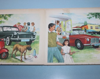 Vintage children's board book, Holidays, Treasure Hour, eight pages, colour car scooter illustrations, 1950s 1960s, breaker wall decor