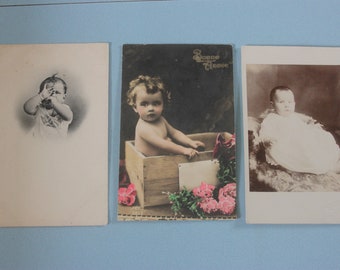 Vintage postcards, babies, set of three, real photo cards, social history, children's costume, babies costume, childhood family history